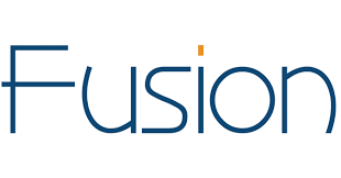 Fusion logo in dark blue with orange an the dot for the i